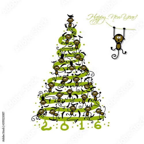 Christmas tree with funny monkeys for your design