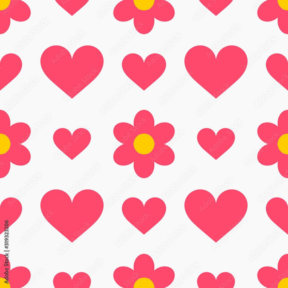 Hearts and flowers cute pink pattern.