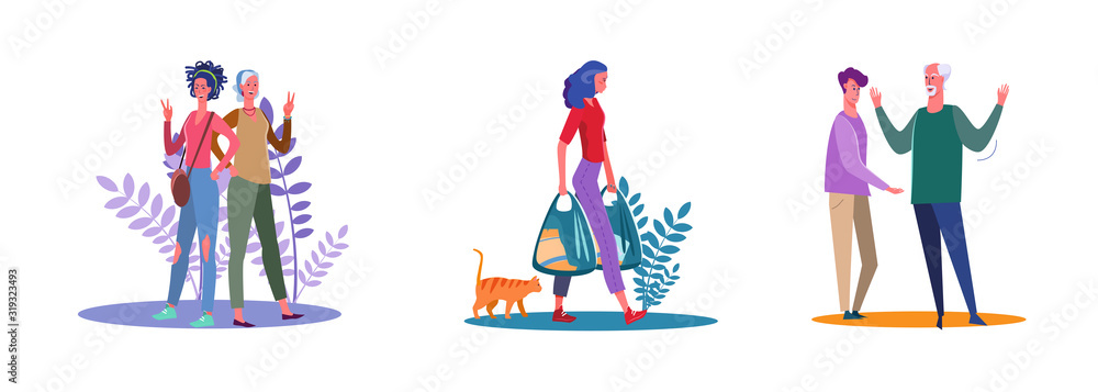 Set of relatives posing together and arguing. Flat vector illustrations of housewife holding grocery bags. Discussion, posing, shopping, family concept for banner, website design or landing web page