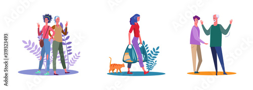 Set of relatives posing together and arguing. Flat vector illustrations of housewife holding grocery bags. Discussion, posing, shopping, family concept for banner, website design or landing web page