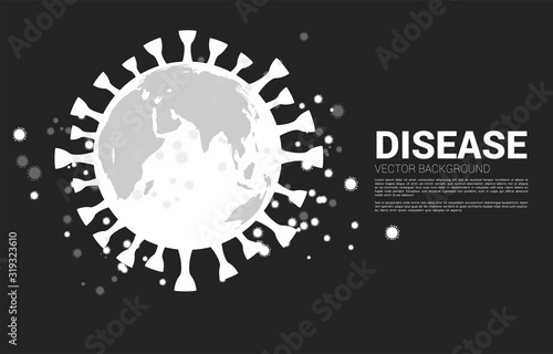 World Globe in wuhan virus shape and particle of Corana virus background. Concept for flu sickness and illness.
