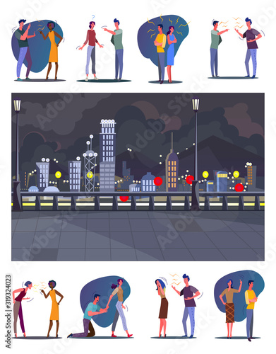 Toxic relationships set. Quarreling couples, arguing friends, night city view. Flat vector illustrations. Conflict, argument concept for banner, website design or landing web page