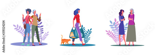 Set of female friends posing and talking. Flat vector illustrations of women walking with groceries. Friendship, communication, shopping concept for banner, website design or landing web page
