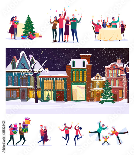 Christmas party set. Families having fun, dancing, toasting, giving gifts, townhouses street. Flat vector illustrations. New Year, holiday concept for banner, website design or landing web page