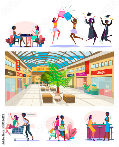 Female friends having fun together set. Two women in cafe, bar, college, shopping mall. Flat vector illustrations. Friendship, meeting concept for banner, website design or landing web page