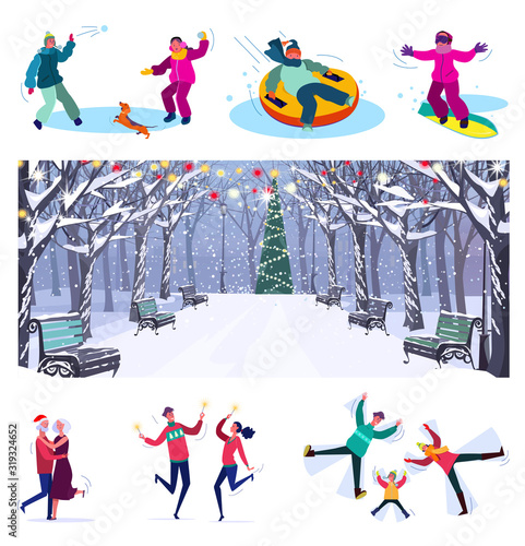 Christmas activities set. Couples, kids, families having fun, dancing, playing snowballs. Flat vector illustrations. New Year, vacation, party concept for banner, website design or landing web page