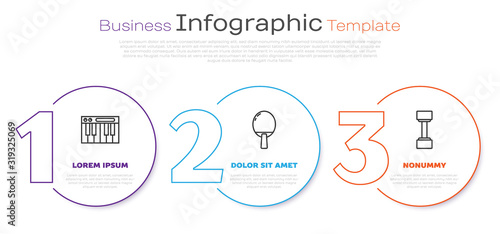 Set line Music synthesizer, Racket for playing table tennis and Dumbbell. Business infographic template. Vector