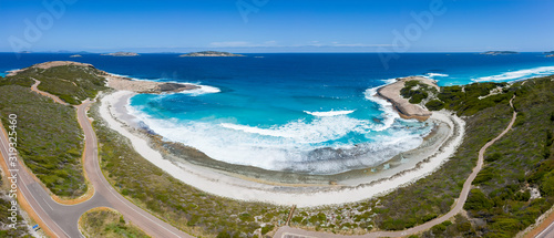 Aerial panoramic view of the road adjacent to Salmon beach which is located in Esperance, Western Australia