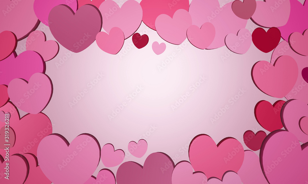 3D render of multiple pink hearts making a frame which surrounds a light pink gradient background with room for text 3D render of multiple pink hearts making a frame which surrounds a light pink gradient background with room for text