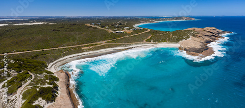 Aerial panoramic view of Lover's Cove, a beach located next to Twilight Cove in Esperance, Western Australia © Michael Evans
