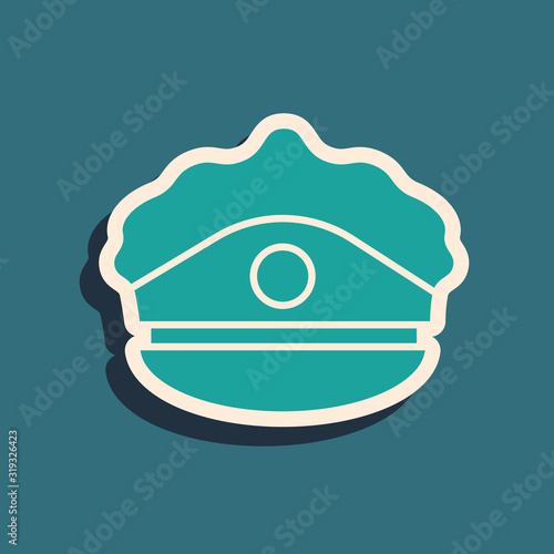 Green Police cap with cockade icon isolated on blue background. Police hat sign. Long shadow style. Vector Illustration