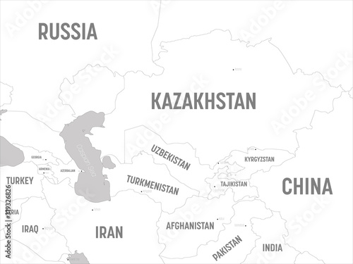 Central Asia map - white lands and grey water. High detailed political map of central asian region with country, capital, ocean and sea names labeling