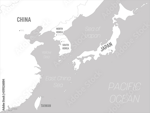 East Asia map - white lands and grey water. High detailed political map of eastern region with country, capital, ocean and sea names labeling