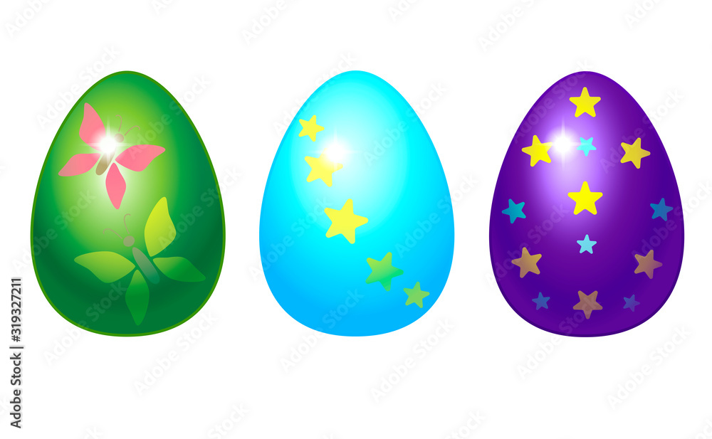 Set of three Easter eggs with pictures. Volumetric Easter eggs of green, blue and violet color painted with stars and butterflies - vector full-color templates.