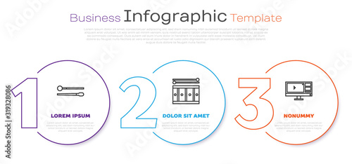 Set line Drum sticks, Drum with drum sticks and Video recorder or editor software on monitor. Business infographic template. Vector