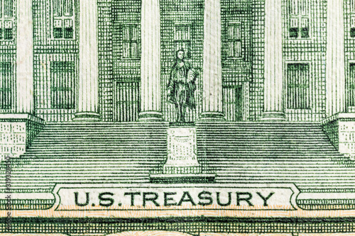 Macro close up photograph of the US Treasury Building on the US Ten Dollar Bill.
