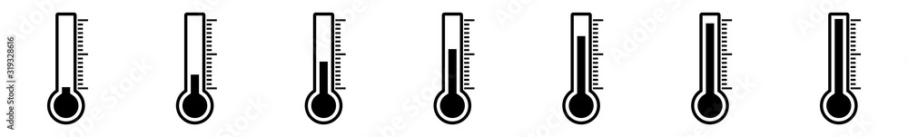 Thermometer Icon Black | Temperature Scale Symbol | Instrument Logo | Warm Cold Illustration | Weather Sign | Isolated | Variations - obrazy, fototapety, plakaty 