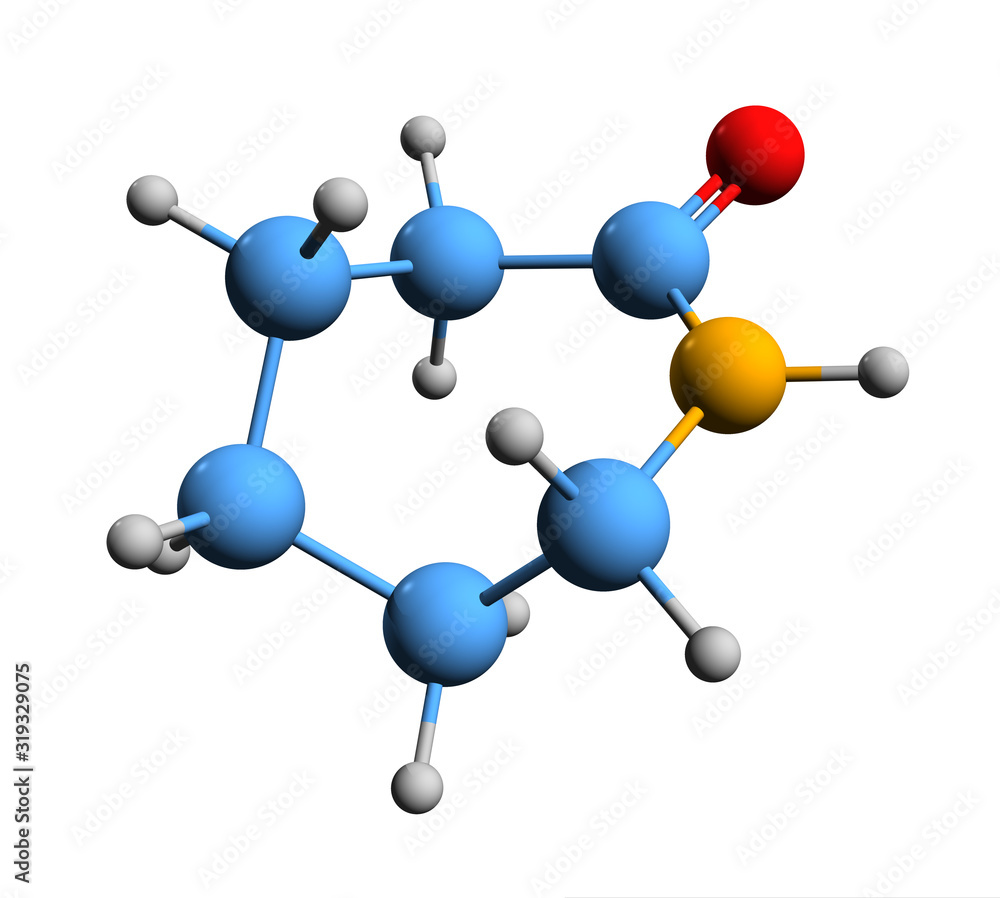 3D image of caprolactam skeletal formula molecular chemical structure of CPL or aminocaproic