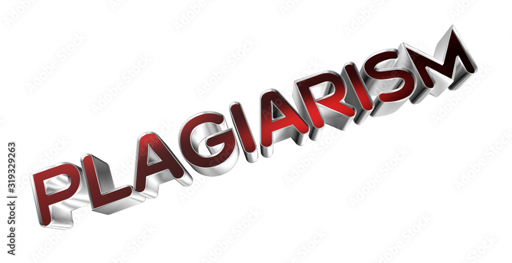 Fototapeta premium 3D rendering plagiarism word - wrongful appropriation concept letter design isolated on white background
