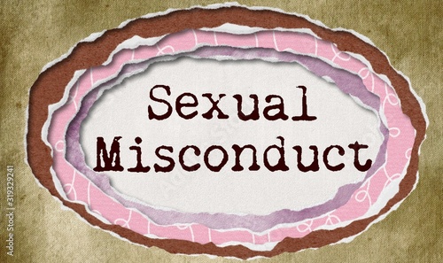 Tablou pe pânză Sexual misconduct - typewritten word in ragged paper hole background - misconduc