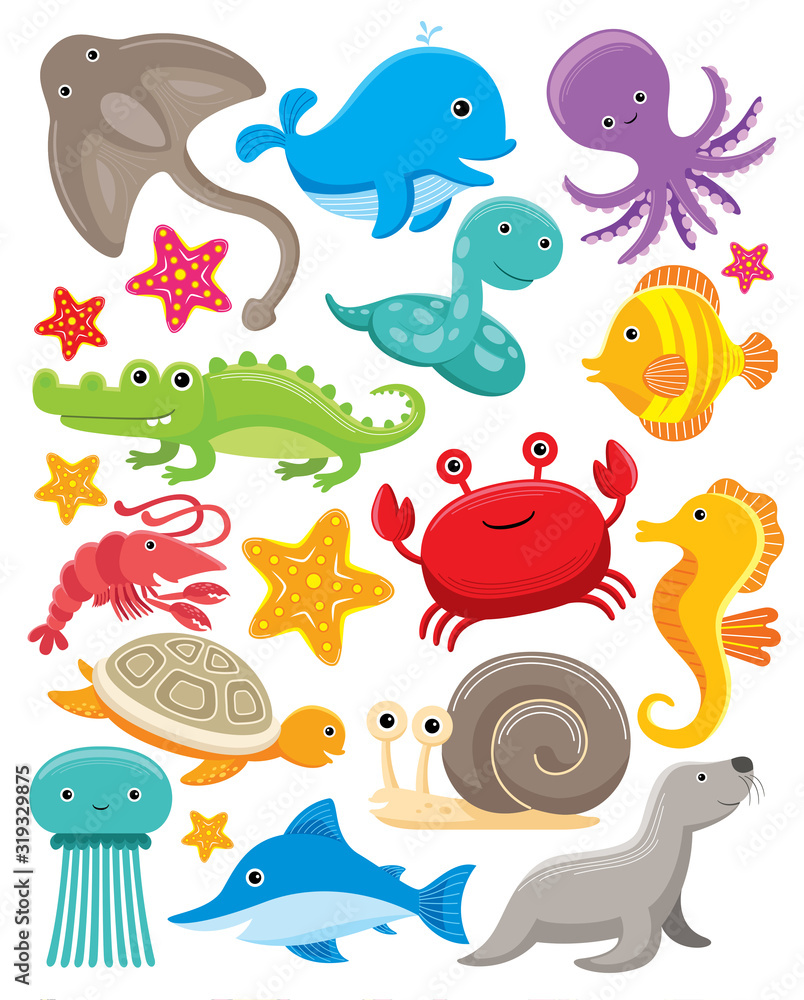 Fototapeta premium Vector Illustration of sea animals with flat design style.