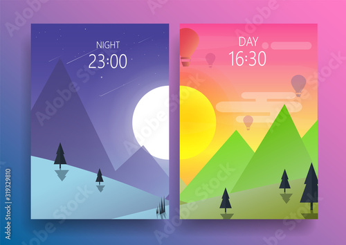 Day and night landscape illustrations with  mountains, hills ,star, air balloon, trees, lockscreen mobile UI-flat design.