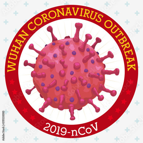 Round Button with Virus Commemorating the Wuhan Coronavirus Outbreak, Vector Illustration