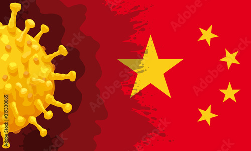 Golden Coronavirus Menacing and Spreading over China Flag, Vector Illustration