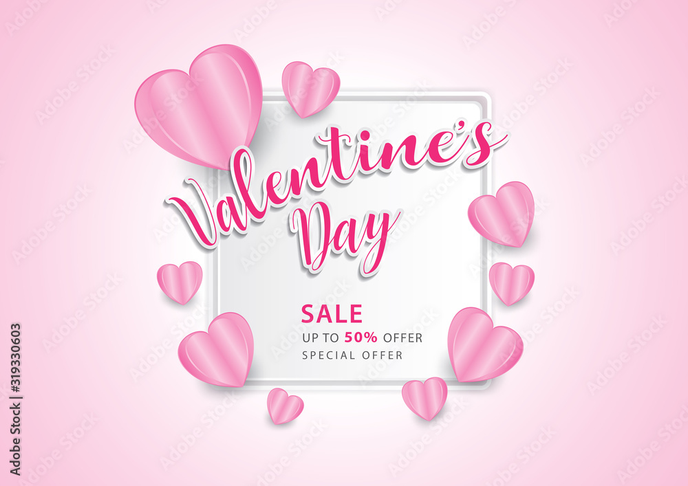 valentine's day abstract background vector illustration, pink heart shape, banner template, web page, sale banner, greeting card, advertisement
