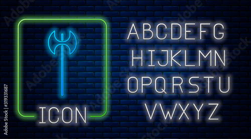 Glowing neon Medieval axe icon isolated on brick wall background. Battle axe, executioner axe. Medieval weapon. Neon light alphabet. Vector Illustration