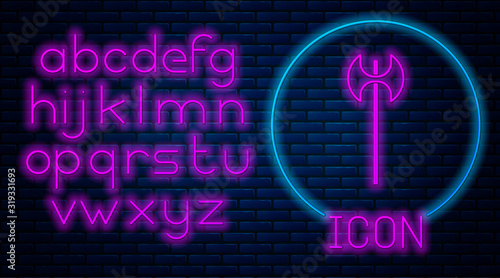 Glowing neon Medieval axe icon isolated on brick wall background. Battle axe, executioner axe. Medieval weapon. Neon light alphabet. Vector Illustration