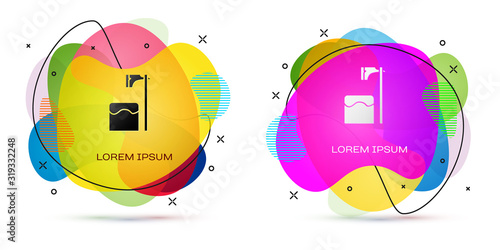 Color Executioner axe in tree block icon isolated on white background. Hangman, torturer, executor, tormentor, butcher, headsman. Abstract banner with liquid shapes. Vector Illustration