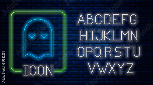 Glowing neon Executioner mask icon isolated on brick wall background. Hangman, torturer, executor, tormentor, butcher, headsman icon. Neon light alphabet. Vector Illustration