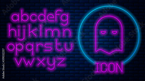 Glowing neon Executioner mask icon isolated on brick wall background. Hangman, torturer, executor, tormentor, butcher, headsman icon. Neon light alphabet. Vector Illustration