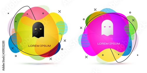 Color Executioner mask icon isolated on white background. Hangman, torturer, executor, tormentor, butcher, headsman icon. Abstract banner with liquid shapes. Vector Illustration