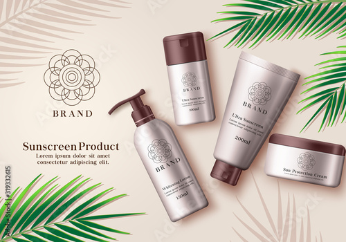 Sunscreen cosmetic product vector banner. Sunscreen mock up bottle element of whitening lotion, ultra sunscreen and sun protection cream for summer skin care advertising products with green leaf.