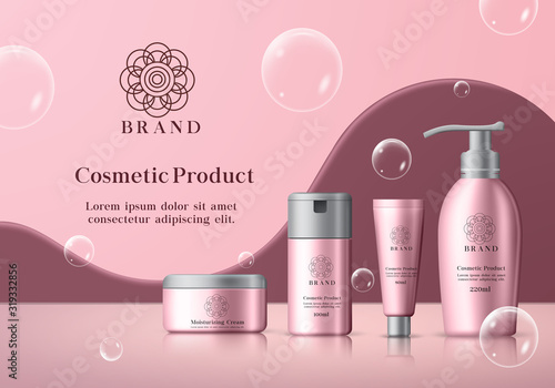 Cosmetics product with bubbles vector template. Cosmetic mock up product for body moisturizing cream, whitening lotion, sun protection and serum in pink bottle packaging and gray cap with bubble.