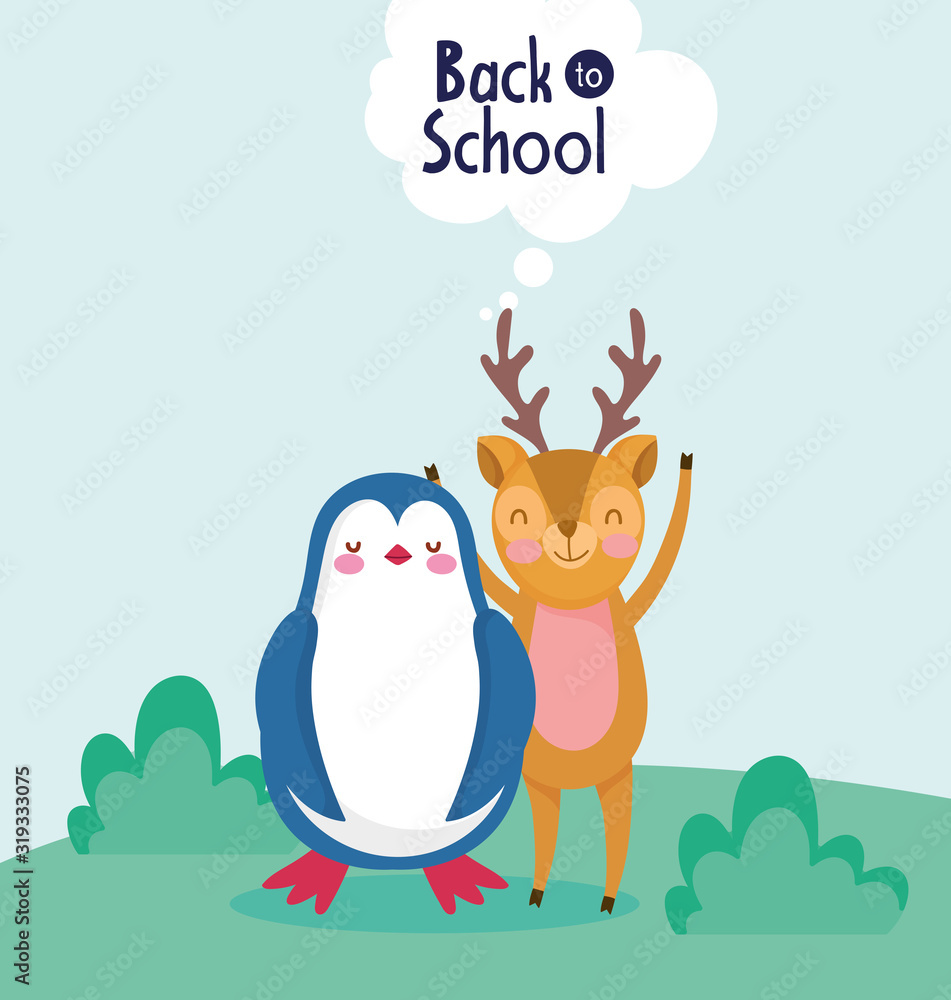 Fototapeta premium back to school education deer and penguin cartoon characters