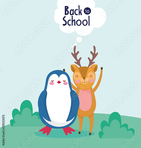 Fototapeta Naklejka Na Ścianę i Meble -  back to school education deer and penguin cartoon characters