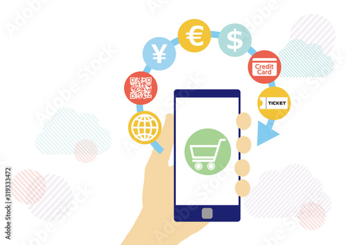 キャッシュレス決済とスマホと手-幾何学模様背景