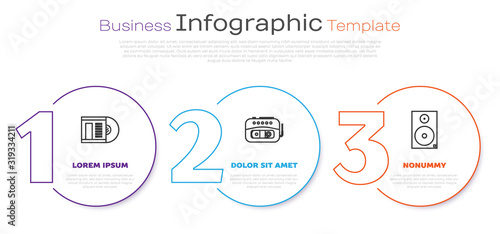 Set line Vinyl disk, Music tape player and Stereo speaker. Business infographic template. Vector