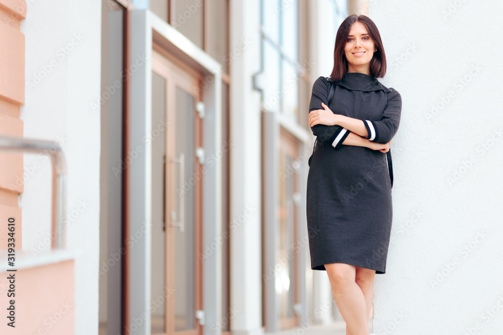 Fototapeta premium Woman in Casual Sporty Style Dress with Backpack