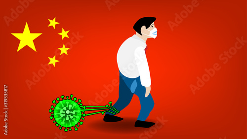 The cartoon illustration picture of a sick man drag the green germs on the red flag. ( vector )