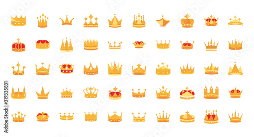 gold crowns jewel authority coronation monarchy luxury icons set