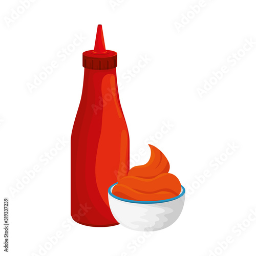 delicious sauces in bottle and cup isolated icons