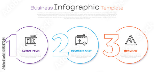 Set line Diesel power generator, Portable power electric generator and High voltage sign. Business infographic template. Vector