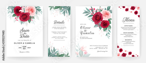 Wedding invitation card template set with floral decoration and border. Beautiful roses flowers arrangements for save the date, greeting, poster, cover, etc. Botanic illustration vector