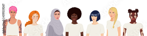 Flat realistic international women portrait on white background