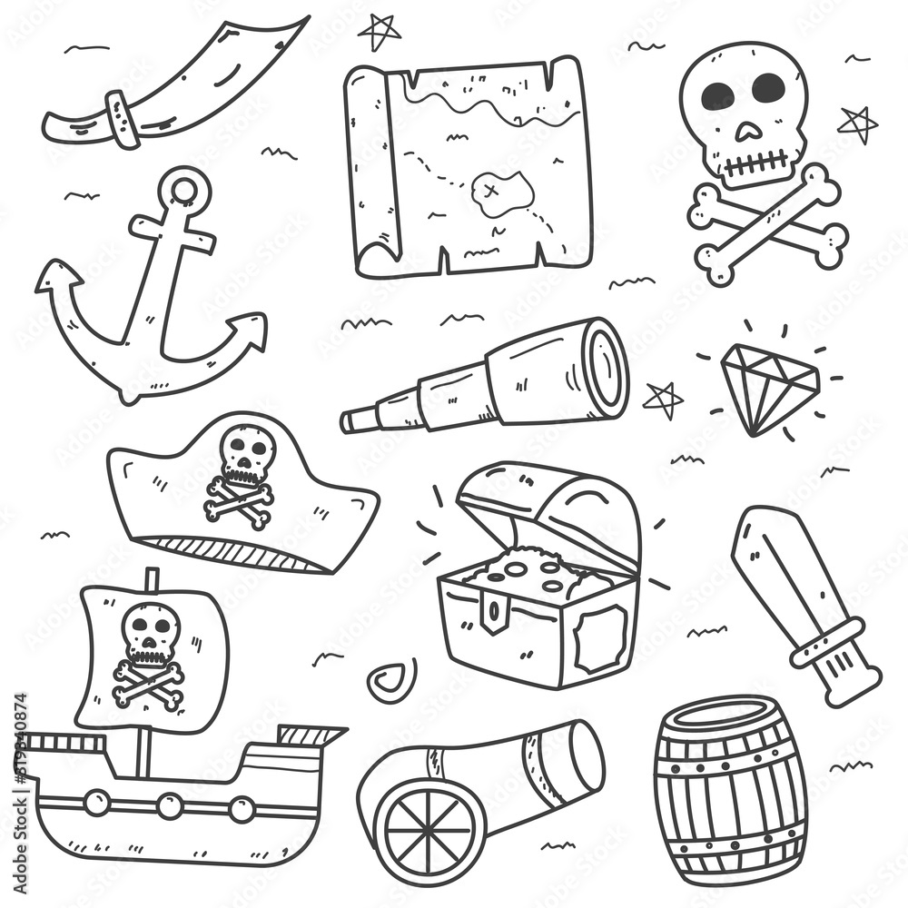 Set of pirate doodle elements vector illustration in cute hand drawn ...