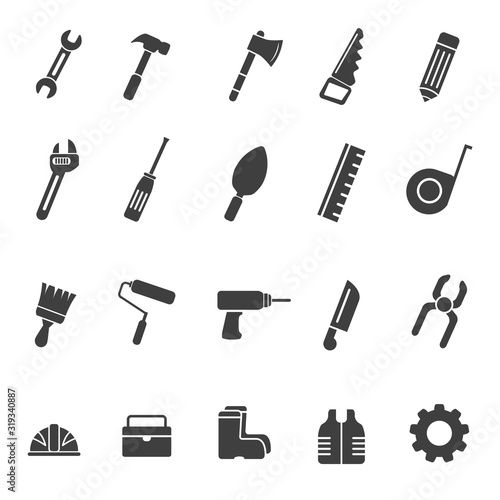 Set of engineering tools icons in simple glyph style. Engineering tools vector illustration in black and white design 
